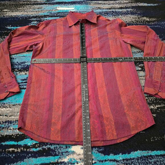 Men's J. Ferrar Button Up Striped Red & Orange with Subtle Floral Print Shirt M - Picture 3 of 8